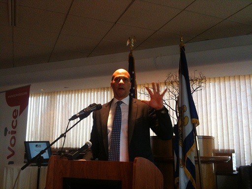 Photo: Cory Booker speaks to attendees at a TechVoice breakfast in Newark. Photo Credit: Esther Surden