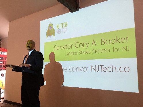 Photo: Cory Booker addressed the crowd at the pitch-off at Tigerlabs.&nbsp; Photo Credit: Steven Galante