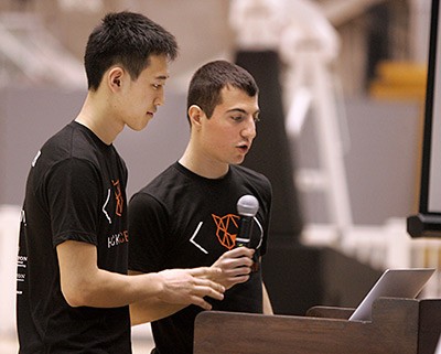 Photo: HackPrinceton, a weekend-long event held in Jadwin Gym March 28-30, brought some 500 college students to campus to build hardware and software tools and toys. The event was organized by Princeton undergraduates Hansen Qian (left) and Adam Yabroudi (right) with a committee of student volunteers Photo Credit: Frank Wojciechowski for the Office of Engineering Communications