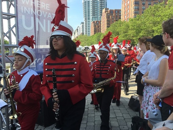 Photo: Hoboken's high school marching band, the Rockin' Redwings, opens Propelify.
&nbsp; Photo Credit: Esther Surden