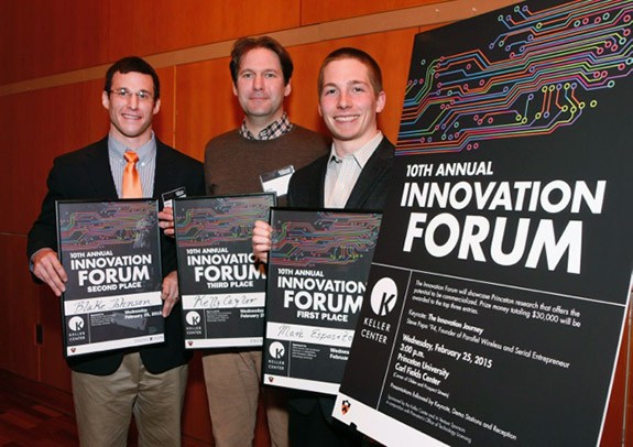Photo: Top finishers in the 2015 Innovation Forum include, from left, Blake Johnson, Kelly Caylor and Mark Esposito. Their projects focused on nerve regeneration, environmental sensing for agriculture operations, and cancer therapy. Photo Credit:  Frank Wojciechowski for the Office of Engineering Communications