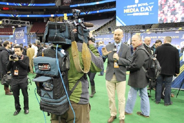 Photo: LiveU backpacks at Super Bowl Media day. Photo Credit: LiveU