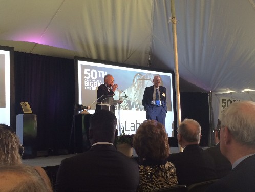 Photo: Arno Penzias and Robert Wilson talk about their discovery at the Bell Labs celebration. Photo Credit: Esther Surden
